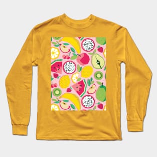 Paper cut geo fruits // pattern // pink background Long Sleeve T-Shirt